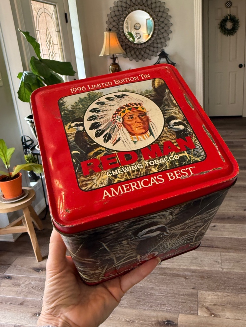 Vintage Red Man Red Tin Chewing Tobacco Collector's Storage